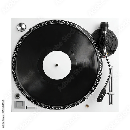 Classic Turntable: Capturing the essence of musical nostalgia, a classic turntable stands ready, its black vinyl disc gleaming under the studio lights.