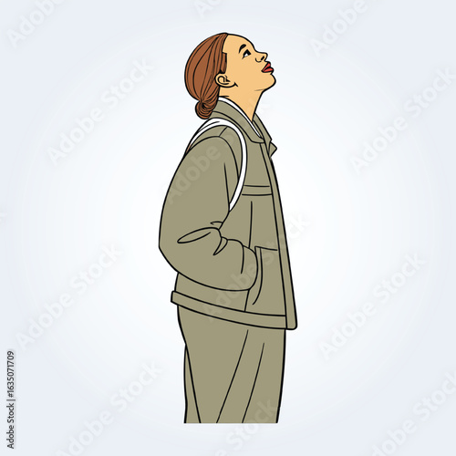 An illustration of a girl wearing a jacket and looking up at the sky, 