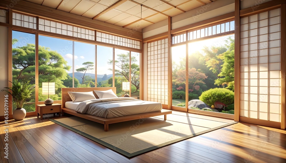 Fototapeta premium Tranquil Japanese bedroom with garden view (1)