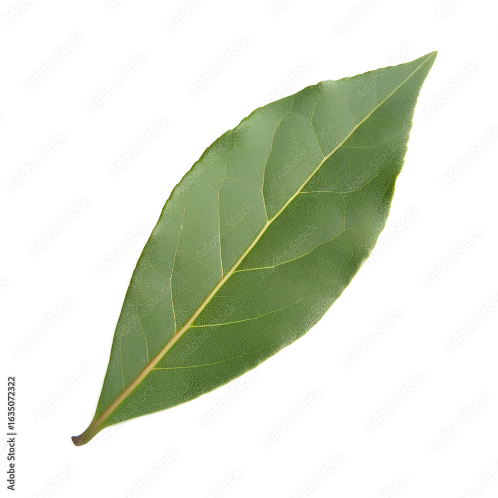 Fototapeta premium Single oblong, veined leaf. The main vein is yellow and the leaf itself is a medium green, isolated on a black background. Botanical study.
