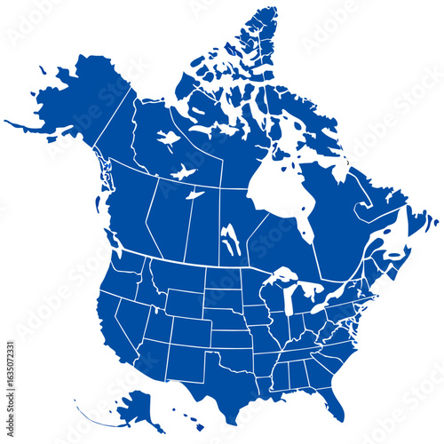 A vector EPS file depicting the outline of North America in a minimalist style. The main color is blue, with country borders (USA, Canada, Mexico, etc.) defined by white lines. The transparent backg