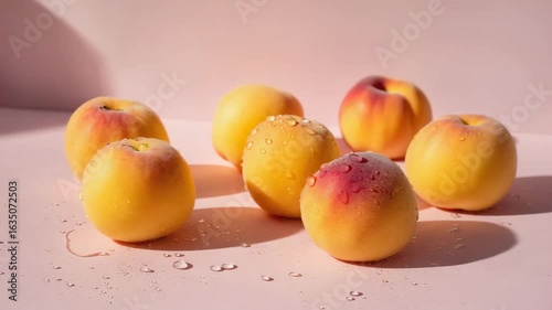 Gen-4 Turbo Fresh juicy peaches with water droplets in soft pink background for refreshing summer concept 