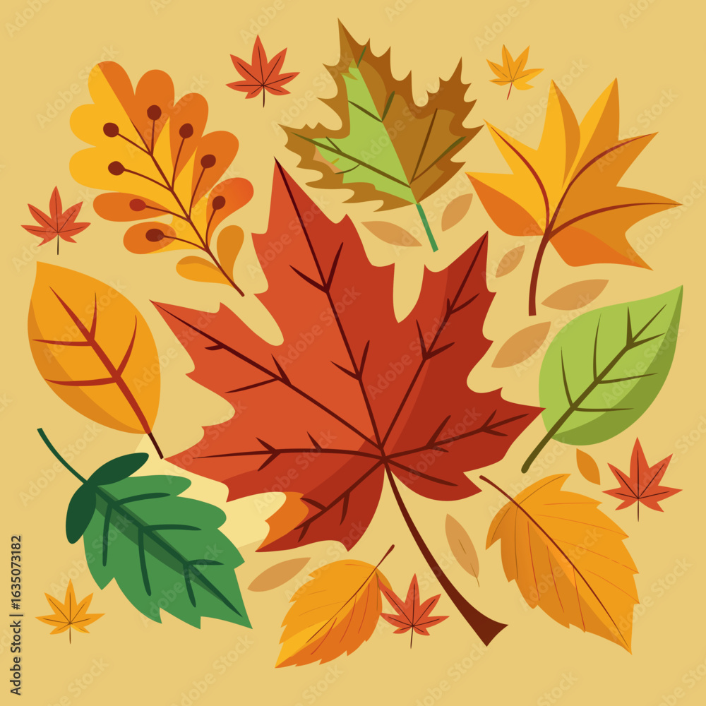 Obraz premium autumn leaves in various shapes and colors. Hand-drawn flat style.autumn leaves silhouette maple and oak foliage falling black vector illustration for seasonal design