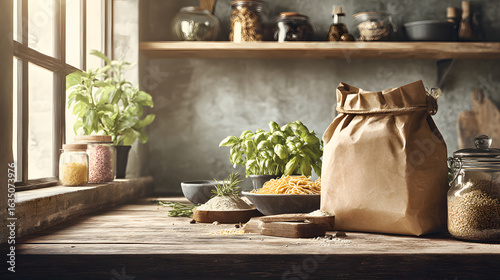 Kitchen Pantry with Herbs Spices and Pasta
