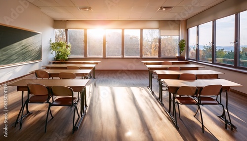 Wallpaper Mural empty classroom with wooden desk modern chair large window sunlight blackboard and podium creating calm academic atmosphere Torontodigital.ca