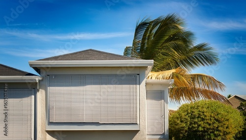 secured hurricane shutters with swaying palm trees