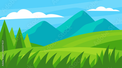 Vibrant flat design landscape with rolling hills and mountains