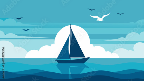 Sailboat on the ocean with birds and sun