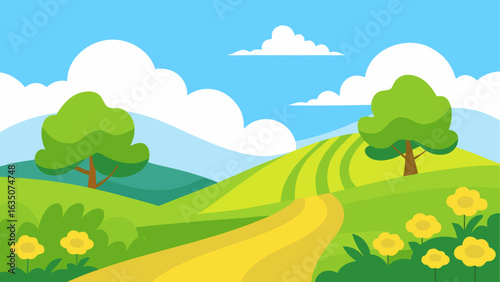 Sunny landscape with rolling hills and yellow path