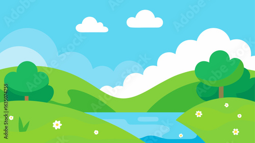 Vibrant cartoon landscape with rolling green hills and river