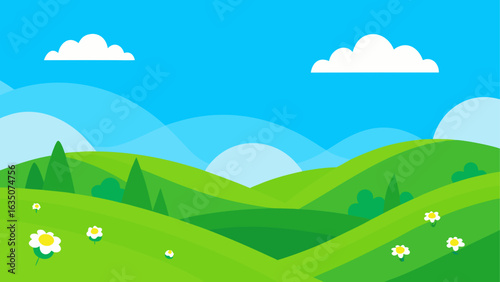 Vibrant green hills under a bright blue sky