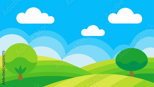 Stylized rolling hills and trees under blue sky
