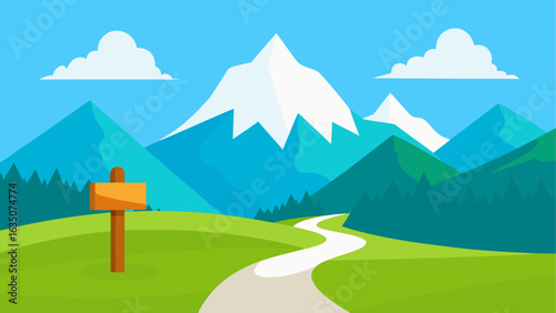 Flat design mountain landscape with winding path and signpost
