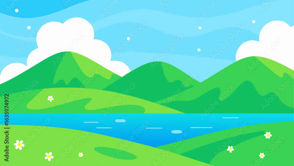 Fototapeta premium Vibrant green hills and blue water landscape