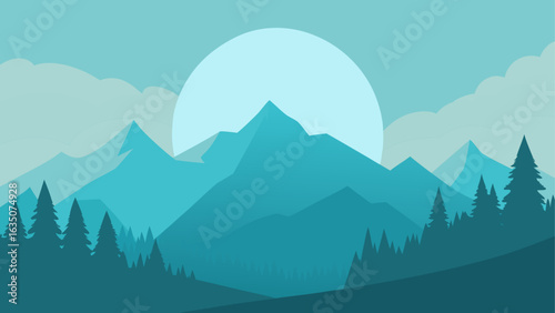 Minimalist mountain landscape with large sun