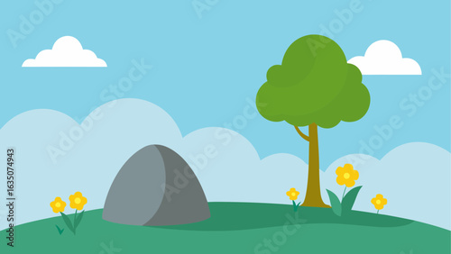 Simple cartoon landscape with tree rock and flowers