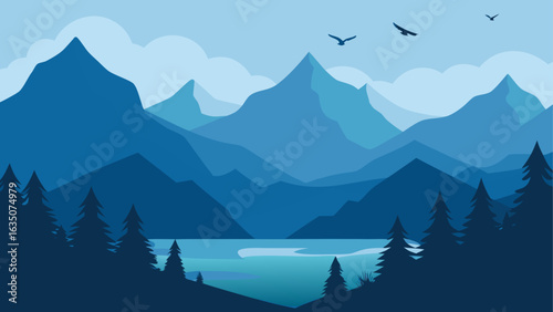 Serene blue mountain landscape with lake and birds