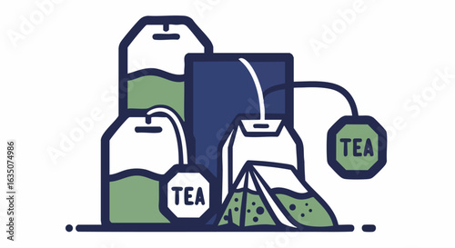 Tea Bags and Loose Leaf Tea Vector Illustration for Beverage Blogs, Herbal Tea Websites, Tea Culture Content, and Health Awareness Articles  