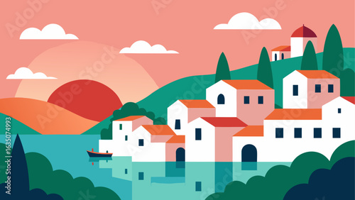 Coastal village scene at sunset with boat