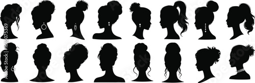 Hairstyle silhouette collection, female hair design set, bun ponytail updo styles, fashion vector, beauty icon, elegant head profile illustration