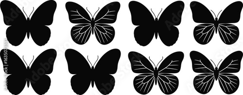 Butterfly silhouette and pattern set, black vector design, wing detail variation, nature insect icon, decorative graphic, entomology reference