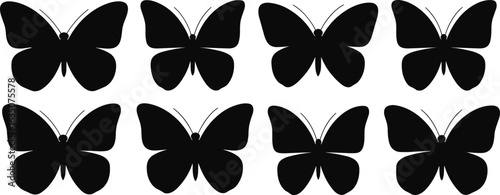 Butterfly silhouette vector set, symmetrical wing shapes, identical insect icons, black graphic design, nature symbol, minimal art, decorative pattern