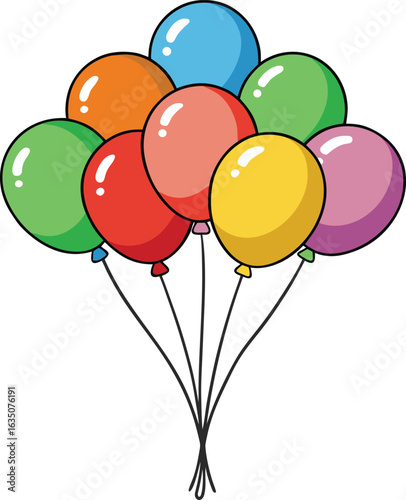 A group of assorted balloons floating on a white background.
