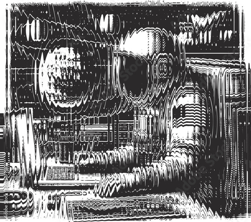  Monochrome glass effect texture engraving of a man working as an astronaut in space, detailed digital art, futuristic design