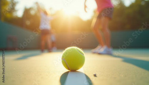 Tennis ball on court with players practicing during sunset  