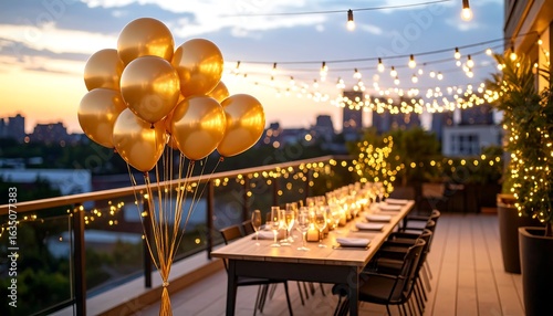 Celebrating with Balloons at Outdoor Dinner Party on Rooftop