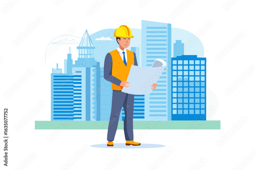 Engineer reviewing blueprints in front of city skyscrapers Engineer reviewing blueprints in front of city skyscrapers