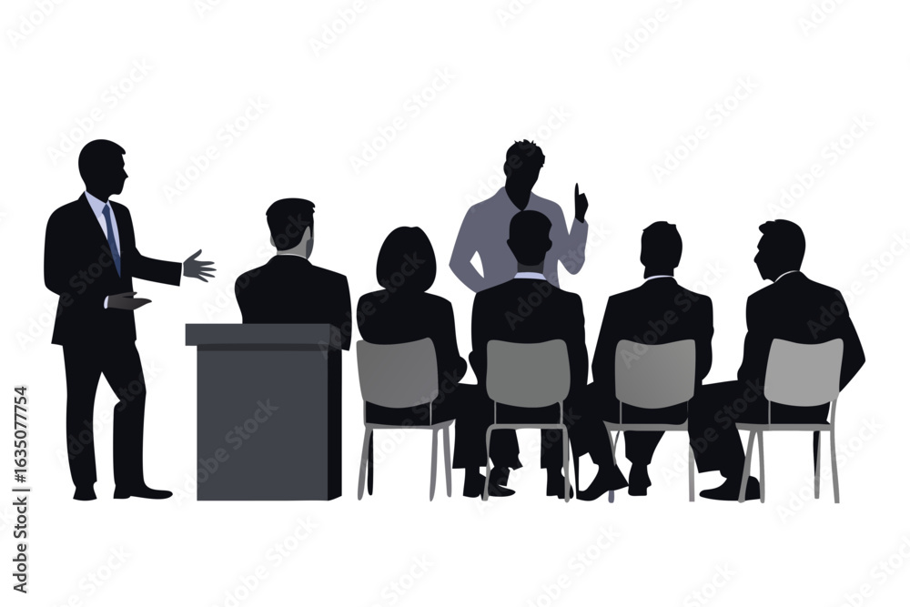 Business meeting with speaker and audience silhouettes Business meeting with speaker and audience silhouettes