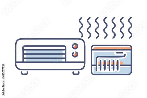 Illustration of a toaster oven and a heating element with wavy lines indicating heat