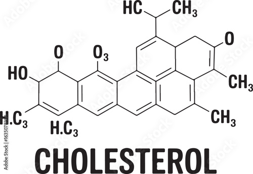Chemical structure of cholesterol molecule in black and white
