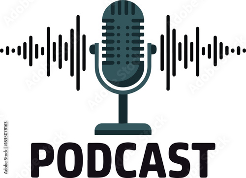 Vintage microphone with sound wave and podcast text