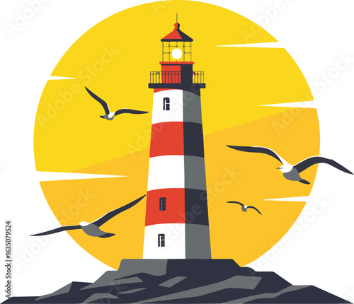 Lighthouse standing tall on rocky shore with seagulls flying in front of a large yellow sun