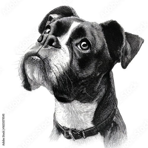 Boxer Dog Portrait in Monochrome: A detailed black and white portrait of a boxer dog, capturing its distinctive features and expressive gaze in an elegant style.