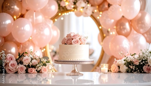 Celebration Cake with Rose Topping and Balloon Decorations