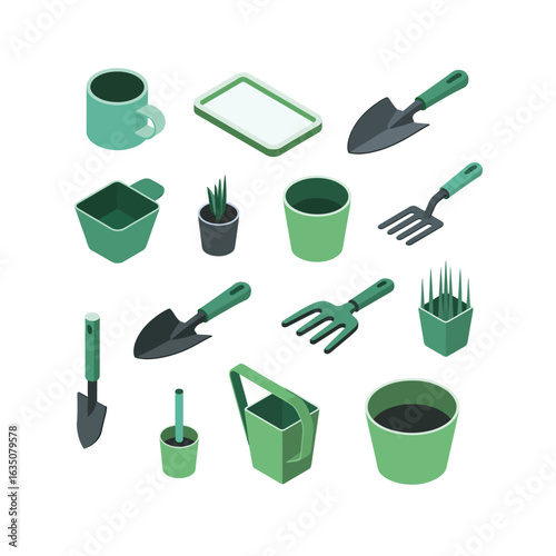 Collection of green isometric gardening tools and supplies
