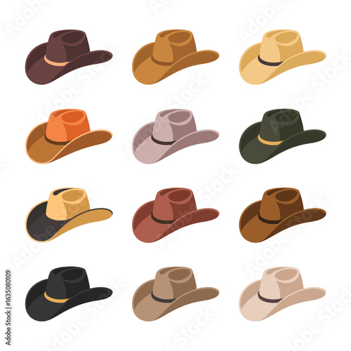 Collection of twelve diverse cowboy hats in various colors and styles