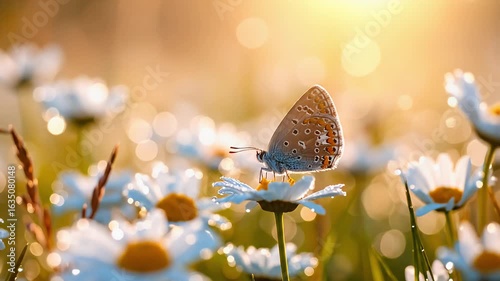 Butterfly on daisies sunlight