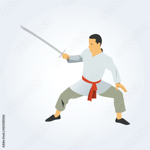 a character illustration of a karate man playing with a sword