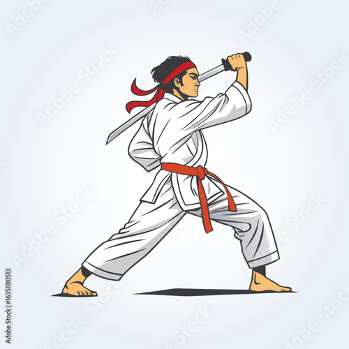 a character illustration of a karate man fighting with a sword with a red belt