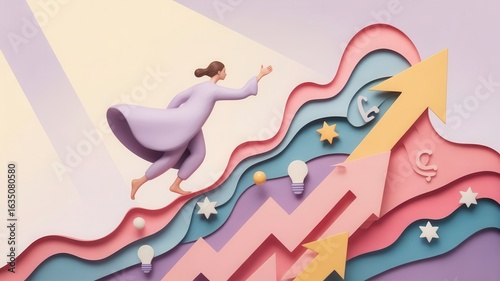 Woman climbing abstract mountain with arrows and symbols representing growth - Concept of bucket list, lifestyle, wanderlust  