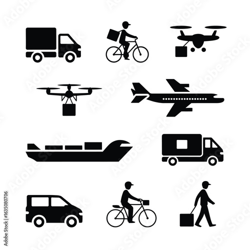 Collection of delivery and transportation icons including trucks drones planes and bicycles