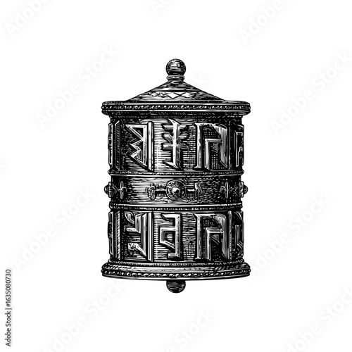 Engraving style illustration of Tibetan prayer wheel with carved symbols in black and white on transparent background – Cultural vector for religious publications, meditation content, and heritage des