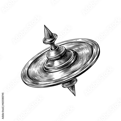 Engraving style illustration of spinning top toy with pointed tips in black and white on transparent background – Toy vector for educational graphics, childhood design materials, and retro playtime