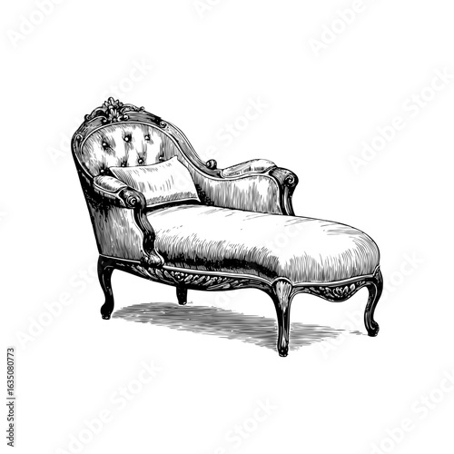 Engraving style illustration of vintage chaise lounge with carved wood frame in black and white on transparent background – Furniture vector for interior design catalogs, antique decor guides