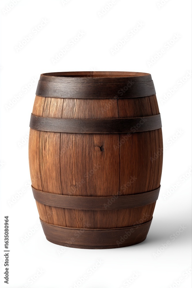 Fototapeta premium Rustic wooden barrel with dark metal bands on white background
