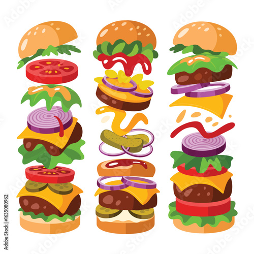 Three delicious stacked gourmet burgers with all the fixings in a row
